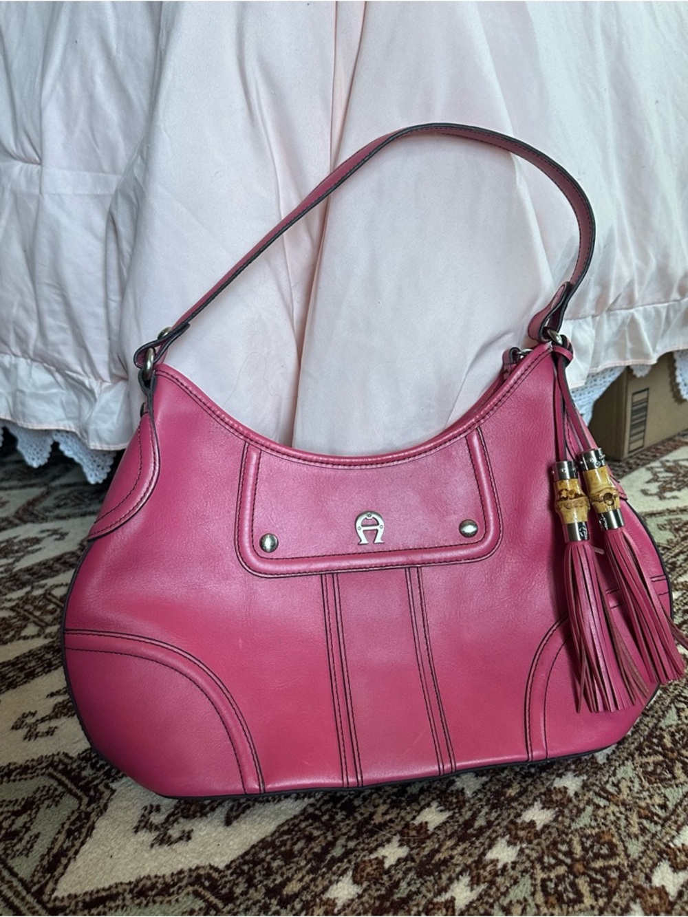 Women's Pink Leather Shoulder Bag with Tassel Accents